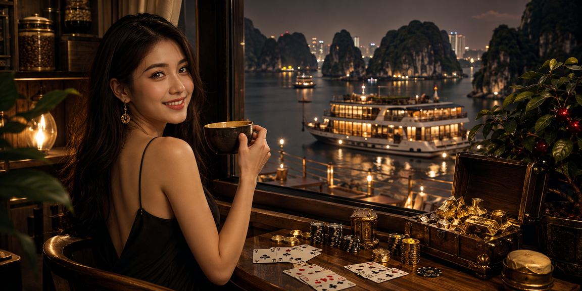 Người chơi vịnh Hạ Long thưởng thức cà phê và trao đổi mẹo chơi bài casino trực tuyến bên cửa sổ nhìn ra vịnh
