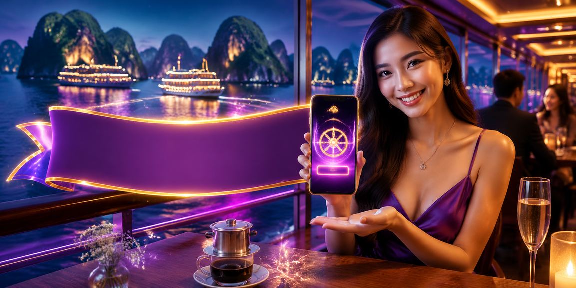 Cảnh vịnh Hạ Long với người dùng đang chơi mobile casino 888vn trên điện thoại bên ly cà phê