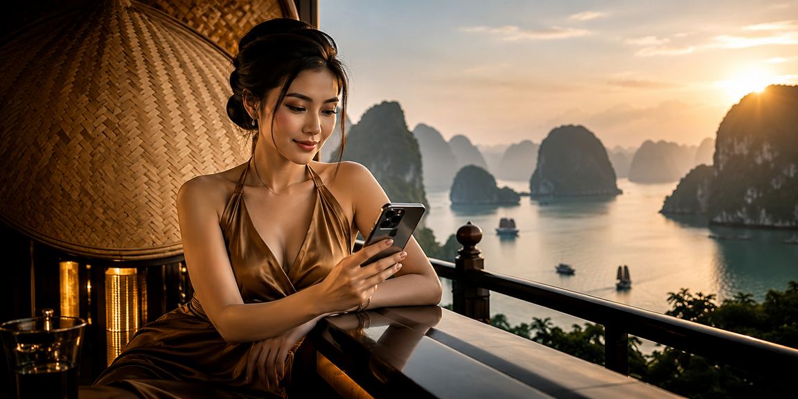 Người dùng Vịnh Hạ Long hoàn tất xác minh tài khoản 888vn trên điện thoại bên bờ biển